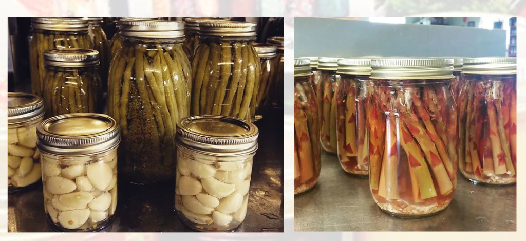 Canned asparagus, green beans, and garlic.