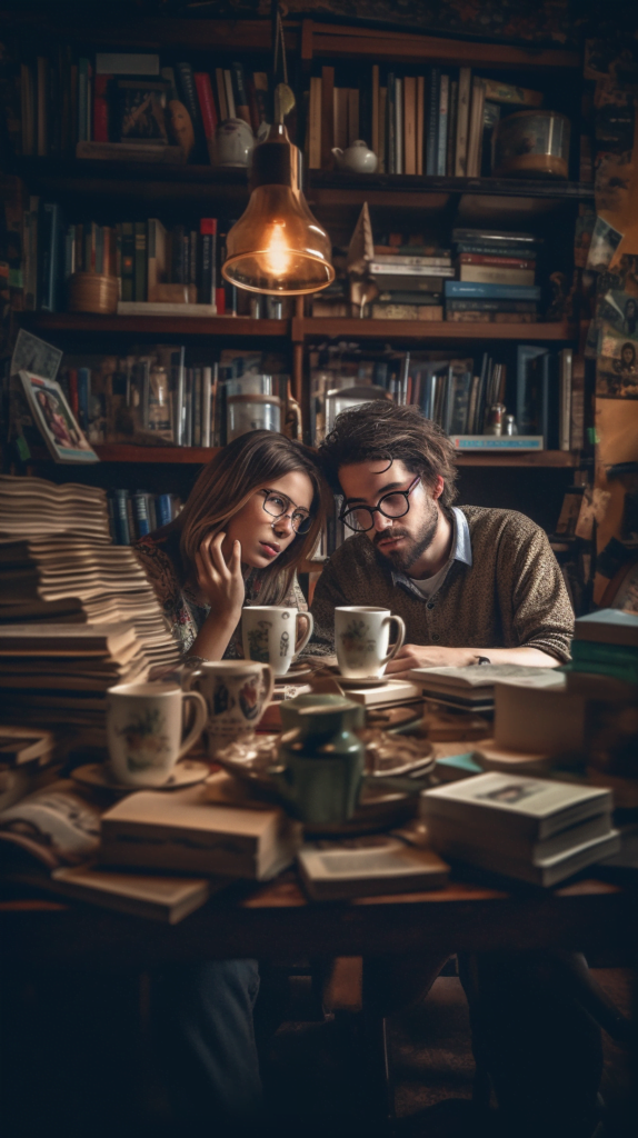 a couple surrounded by books drinking coffee writing a  story together