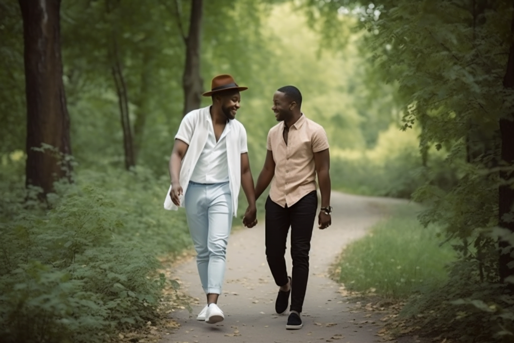 two happy Black men holding hands, walking down a pathway in a park. there are leaves and grass on the sides.