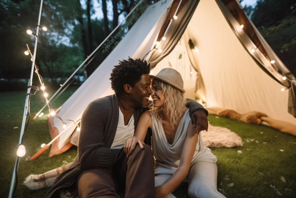 happy couple in a back yard tent