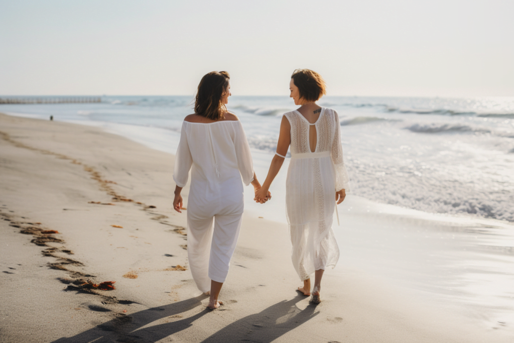 two women wearing white, walking on the beach, holding hands