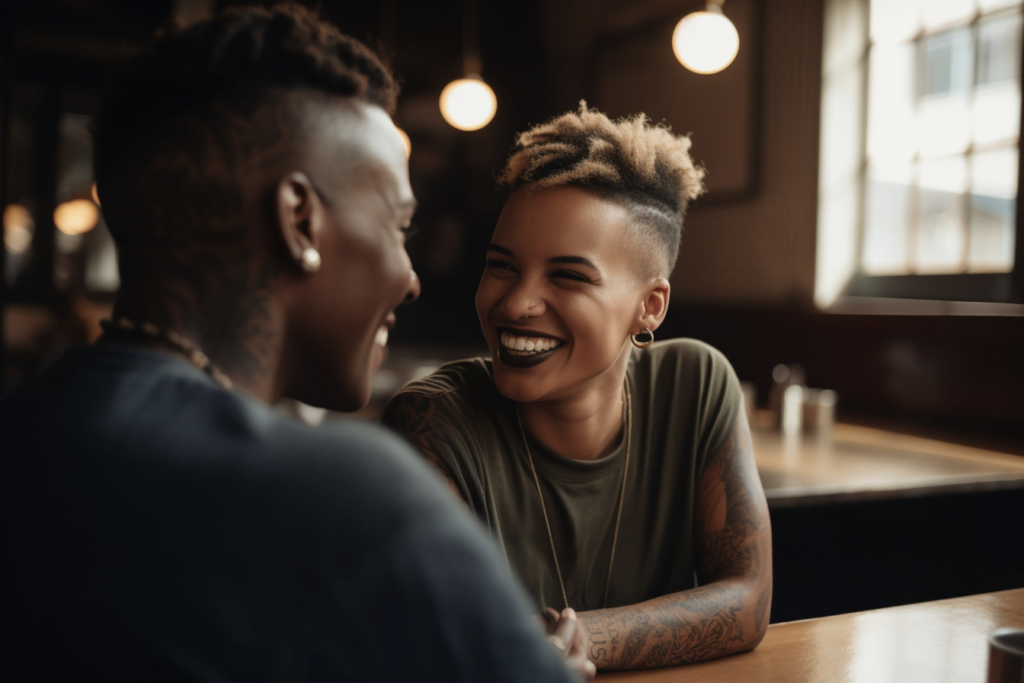 happy Black couple sitting at the table. the woman is facing her partner, both are smiling. she is showing she is actively listening with nonverbal cues (eye contact, smiling, leaning in)