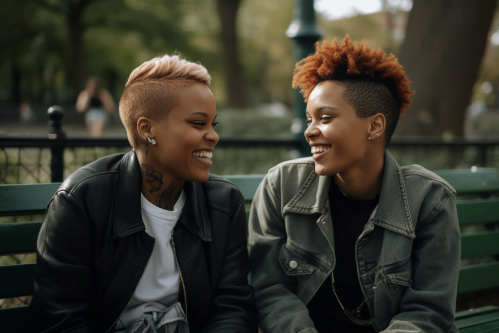 happy Black couple sitting on a park bench. both women have short hair and are smiling. they're engaging in active listening by putting their phones away and connecting with each other. they're very happy.