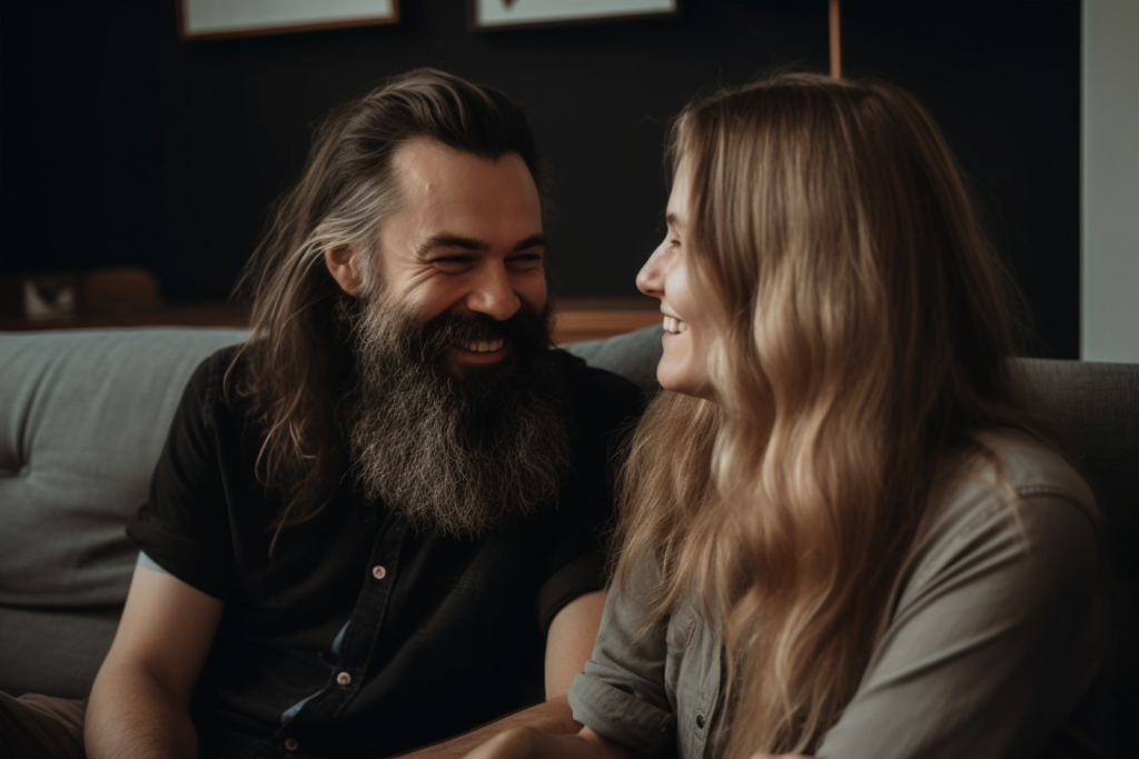 happy couple sitting on a couch, both are smiling. the man is looking at the woman, actively listening to what she has to say. theyre both smiling.