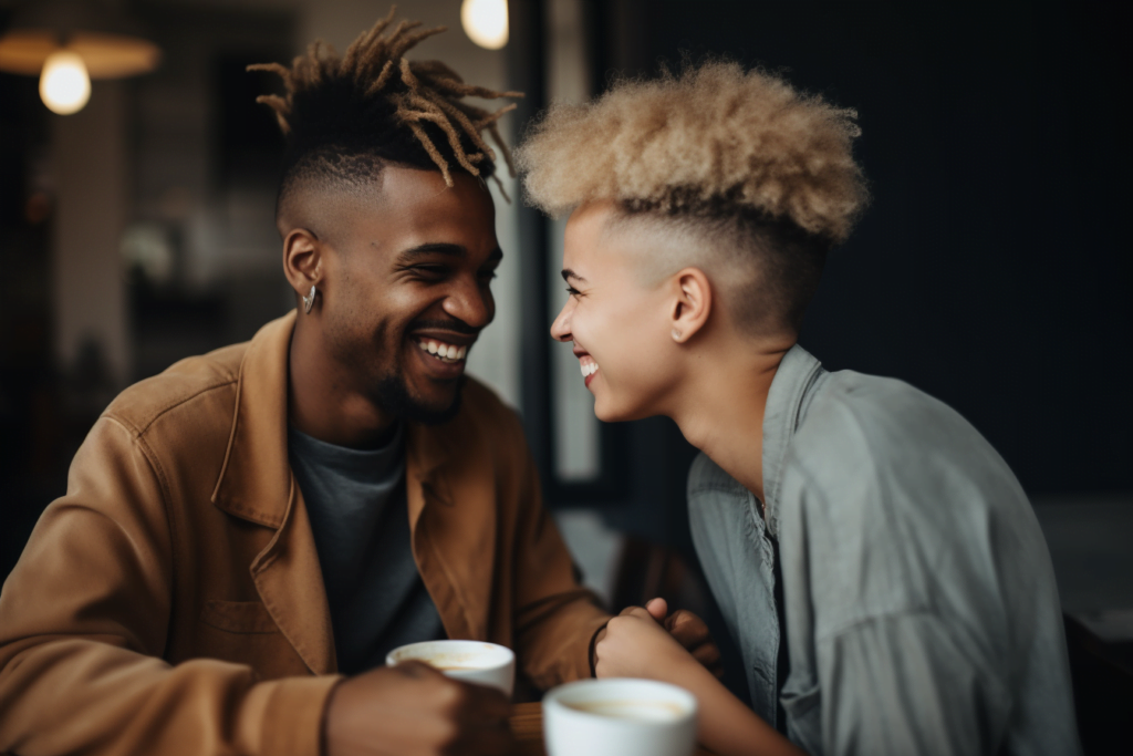 happy Black couple sitting in a coffee shop. both are smiling and looking at each other; both have short textured hair. they're leaning into each other to show theyre actively listening.