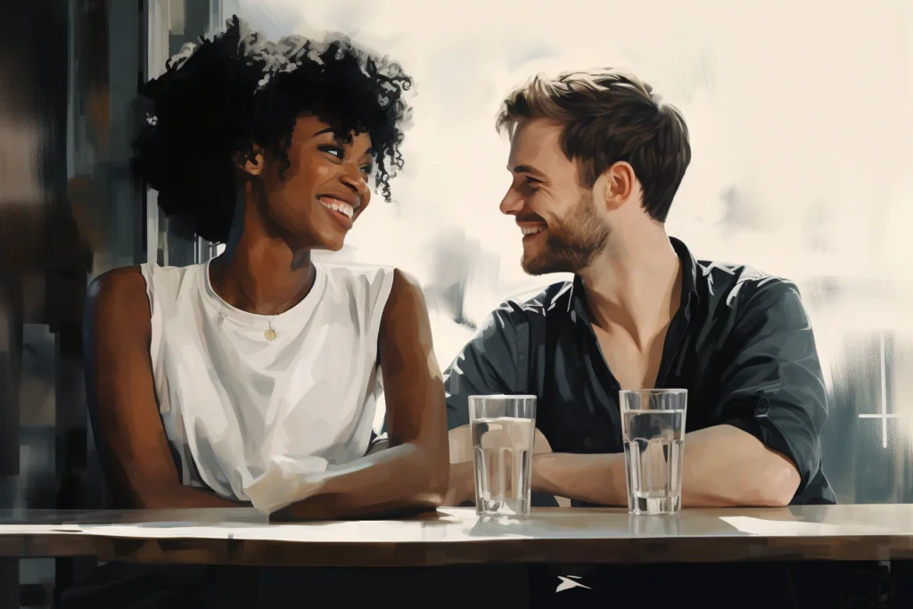 happy Black woman, white man, couple smiling and engaging in active listening