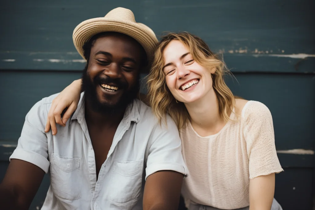 happy Black man, white woman, a married couple, sitting close to each other