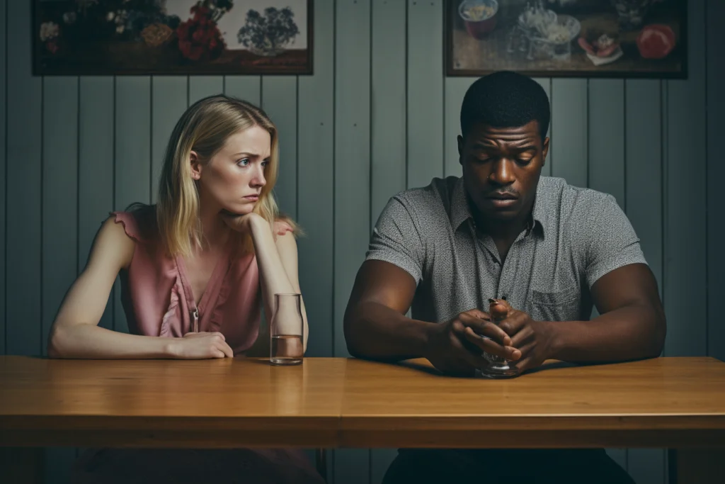 communication issues in marriage: unhappy mixed race couple sitting at a table