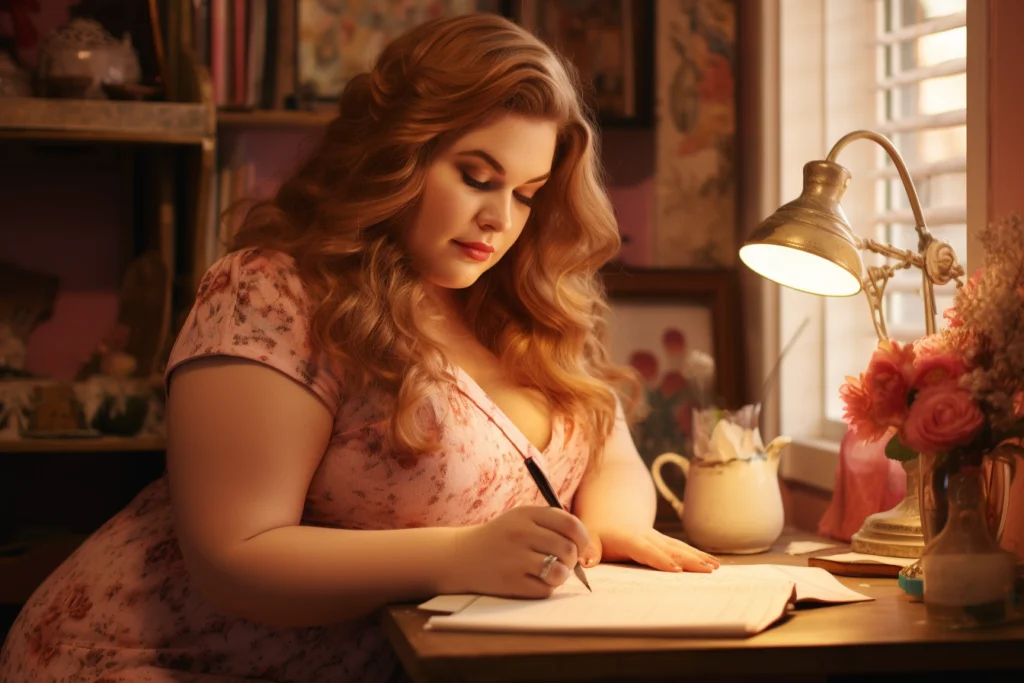 beautiful plus size white woman with light brown wavy hair writing a love note at her desk