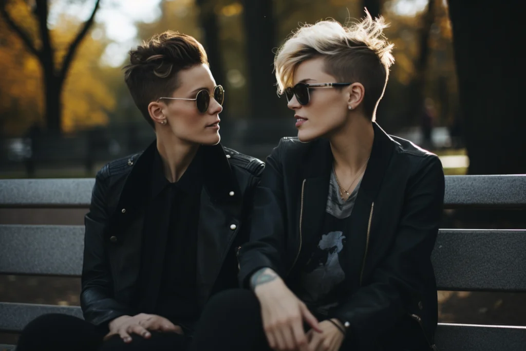 marriage communication: lesbian couple sitting on a park bench, both wearing sunglasses, they have short hair and are beautiful