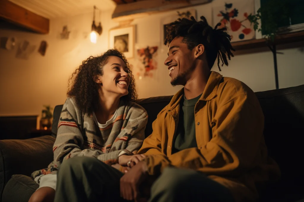 non verbal communication cues: a happy mixed race couple sitting on a couch, sitting and chatting, listening intently