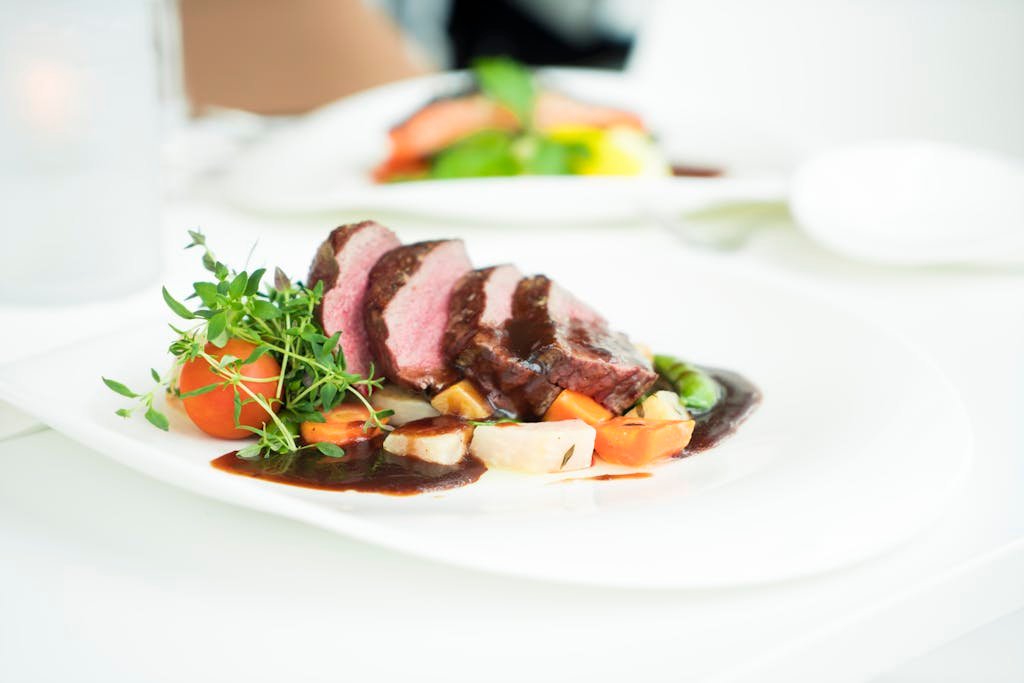 Well-done Beef Steak and Vegetables on Plate