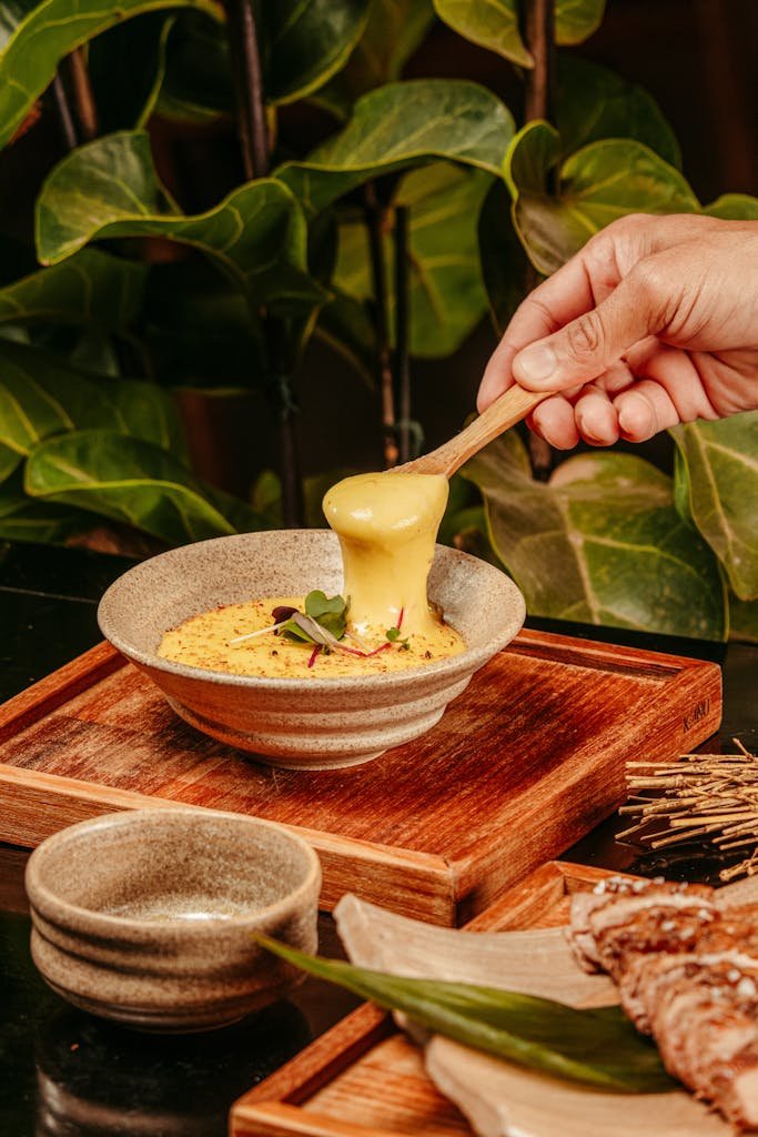 A hand dips into a creamy cheese fondue in a rustic dining setup.