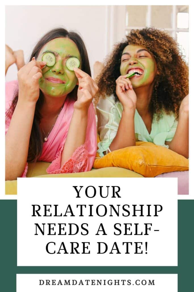 Two women laughing during a playful self care date with face masks and cucumbers, celebrating relaxation, and quality connection time