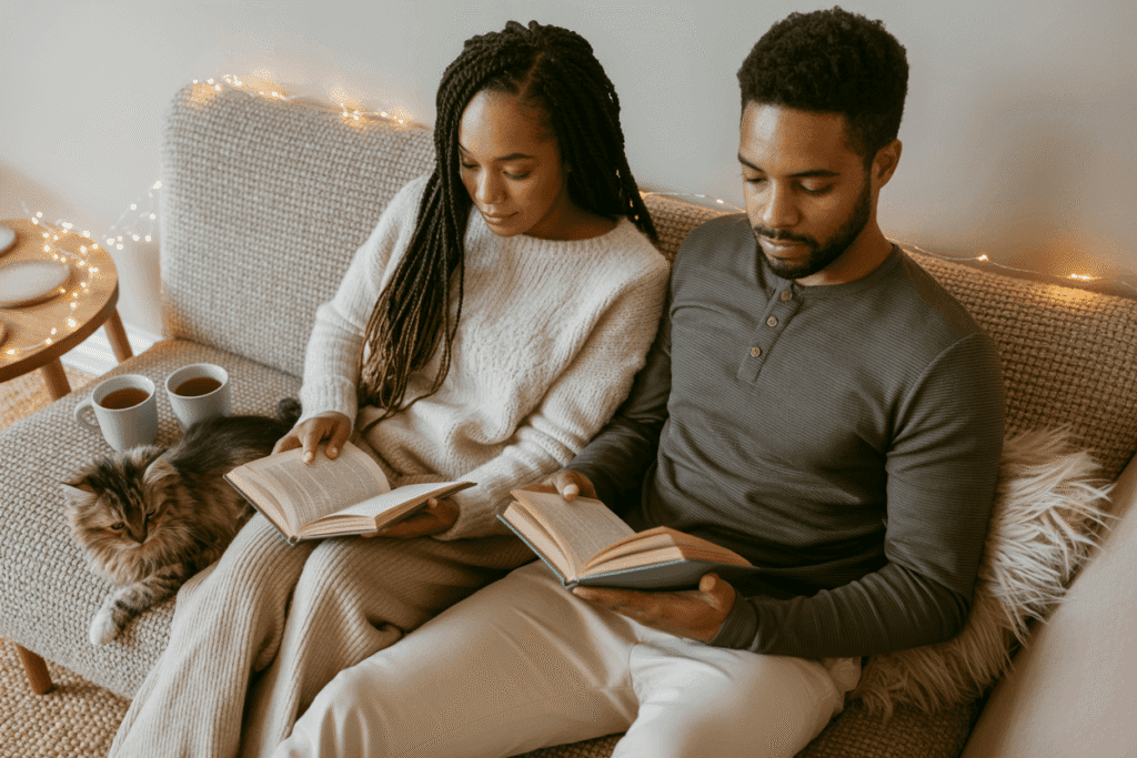 a black couple on a cozy date reading together on a sofa