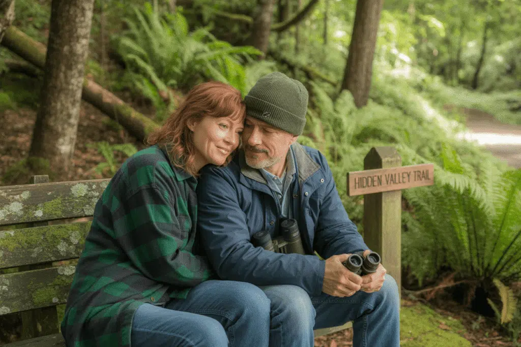 a couple on a bird watching date outdoors