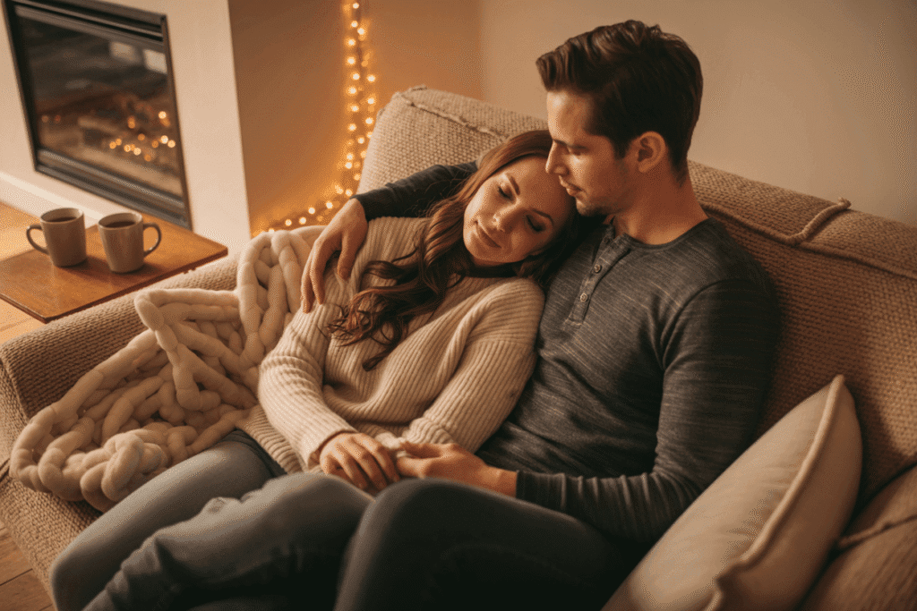 a couple on a cozy date for low-energy date ideas