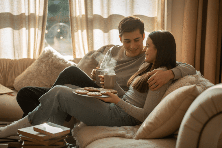 a couple on the couch having a self care date