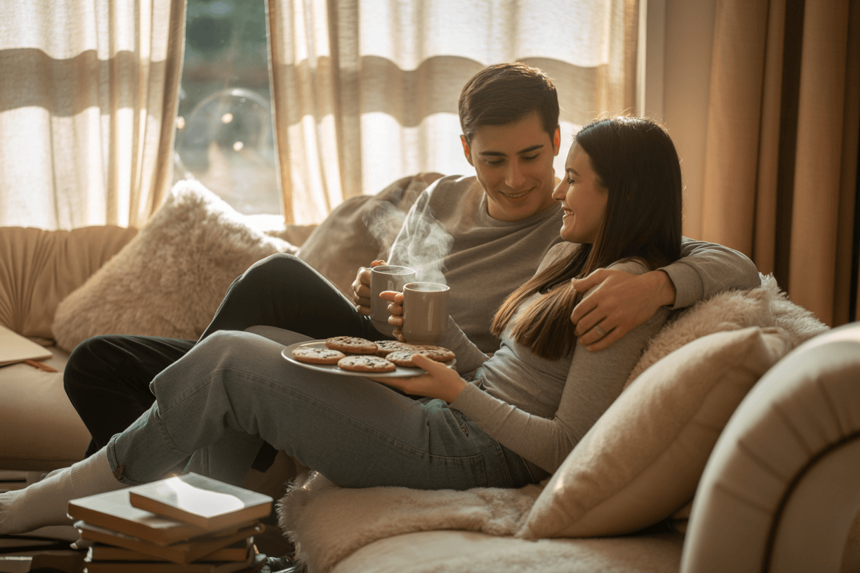 a couple on the couch having a self care date