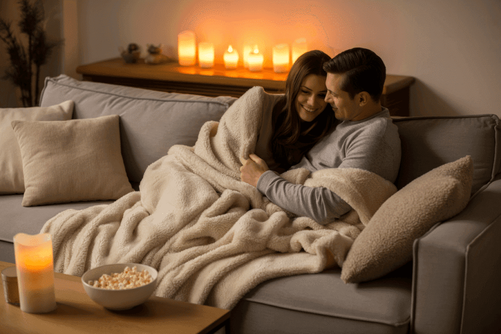 cute couple snuggled under blankets on a cozy date