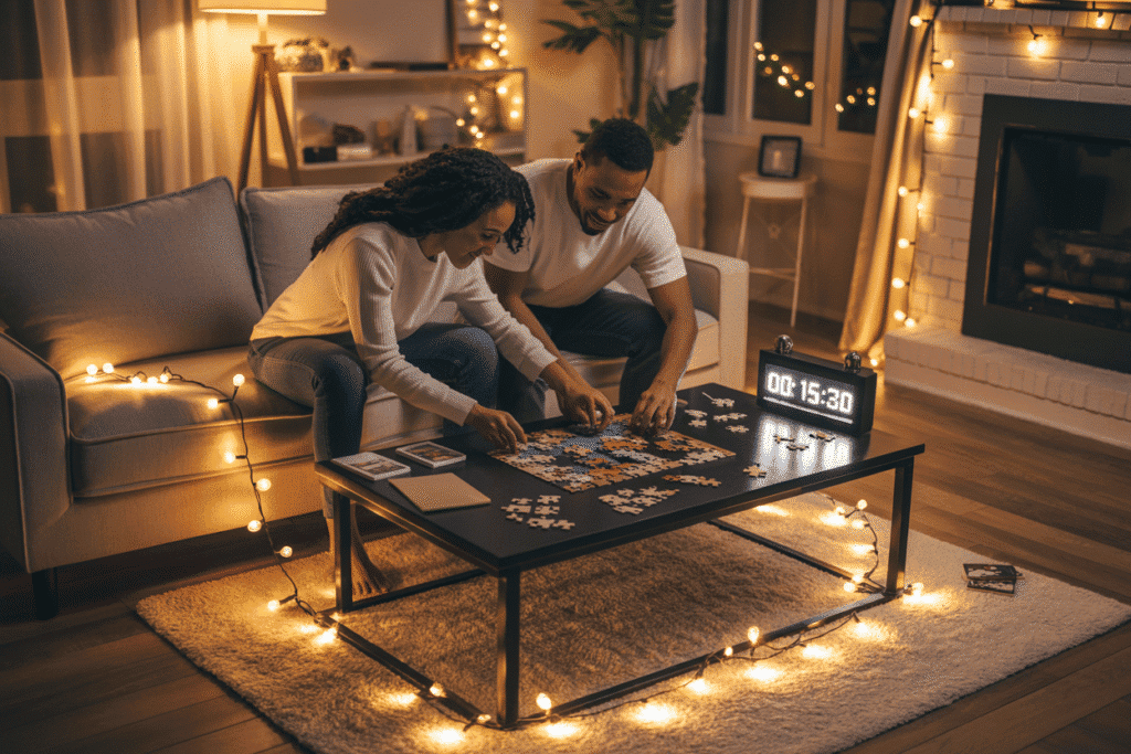 Plan a Fun Escape Room Date at Home 3 a couple having a cozy escape room date at home