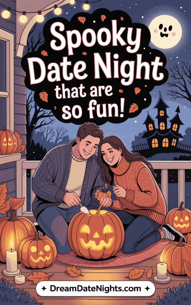 spooky date night pin with a couple for halloween